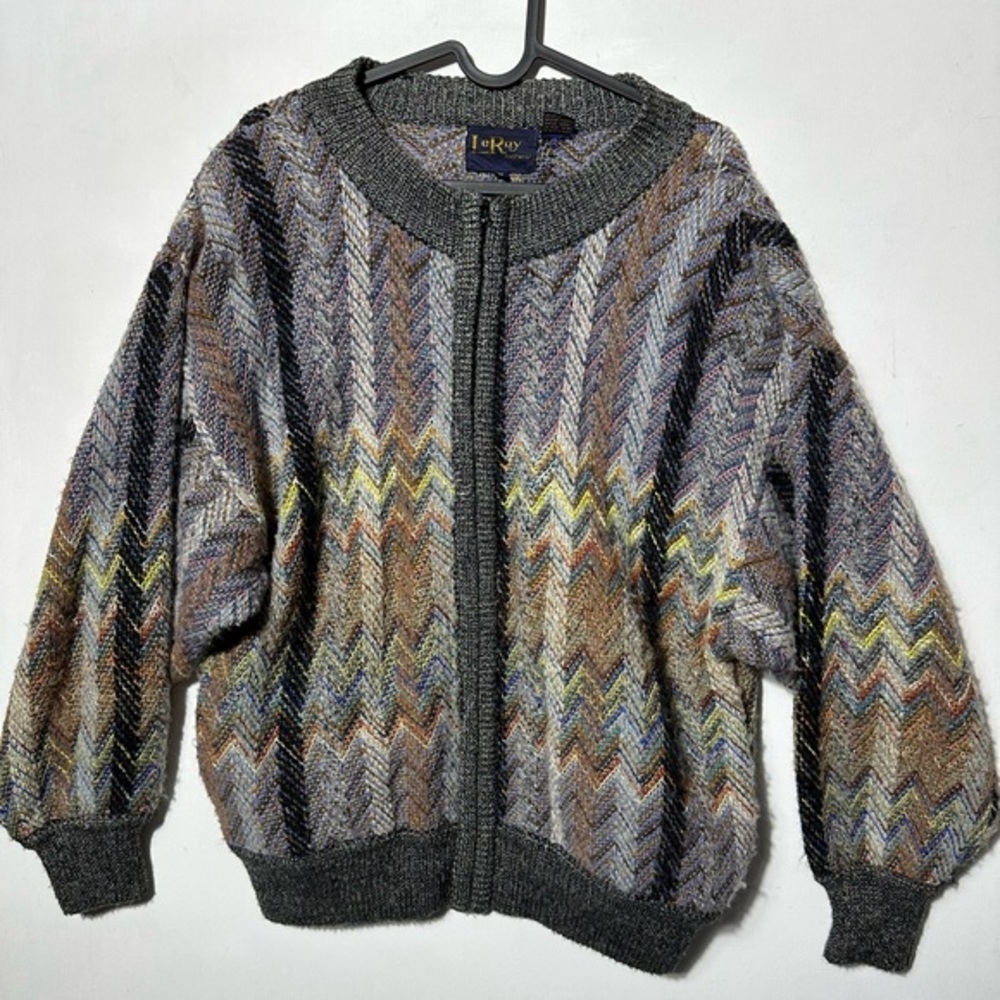 Vintage wool Gray and Yellow Zip Up Sweater with Geometric Pattern